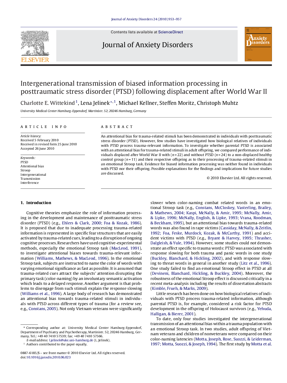 Intergenerational transmission of biased information processing in posttraumatic stress disorder (PTSD) following displacement after World War II