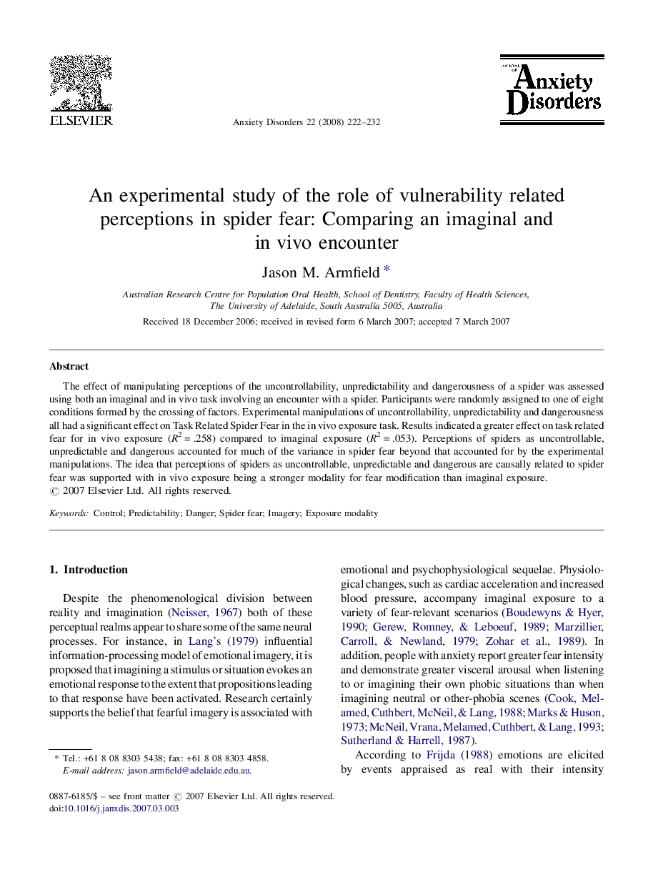 An experimental study of the role of vulnerability related perceptions in spider fear: Comparing an imaginal and in vivo encounter