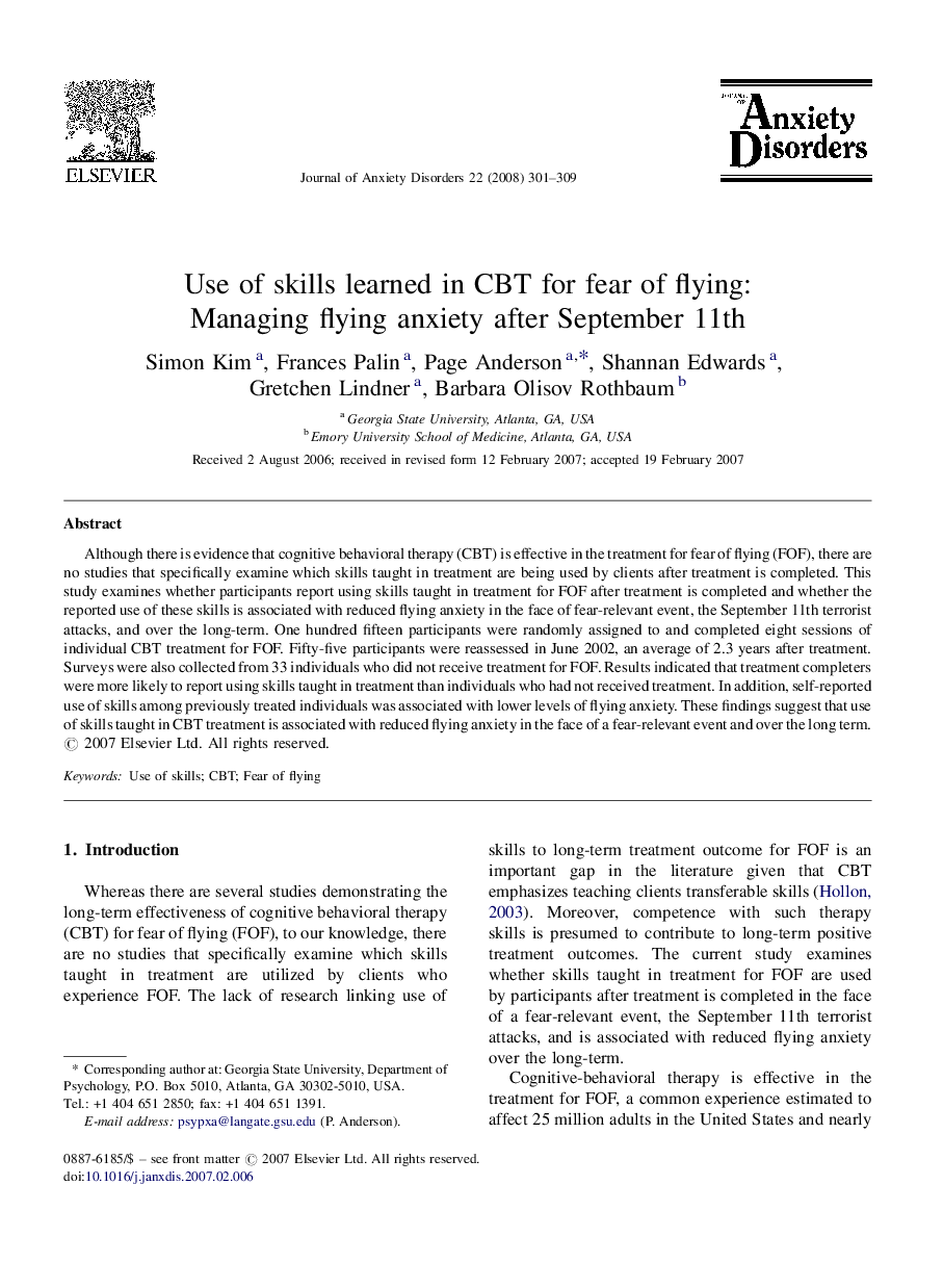 Use of skills learned in CBT for fear of flying: Managing flying anxiety after September 11th