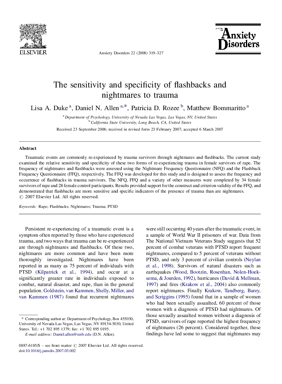 The sensitivity and specificity of flashbacks and nightmares to trauma