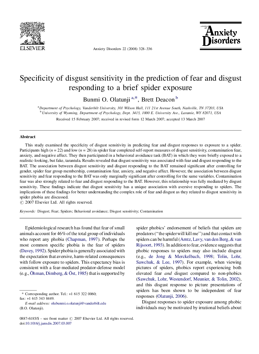 Specificity of disgust sensitivity in the prediction of fear and disgust responding to a brief spider exposure