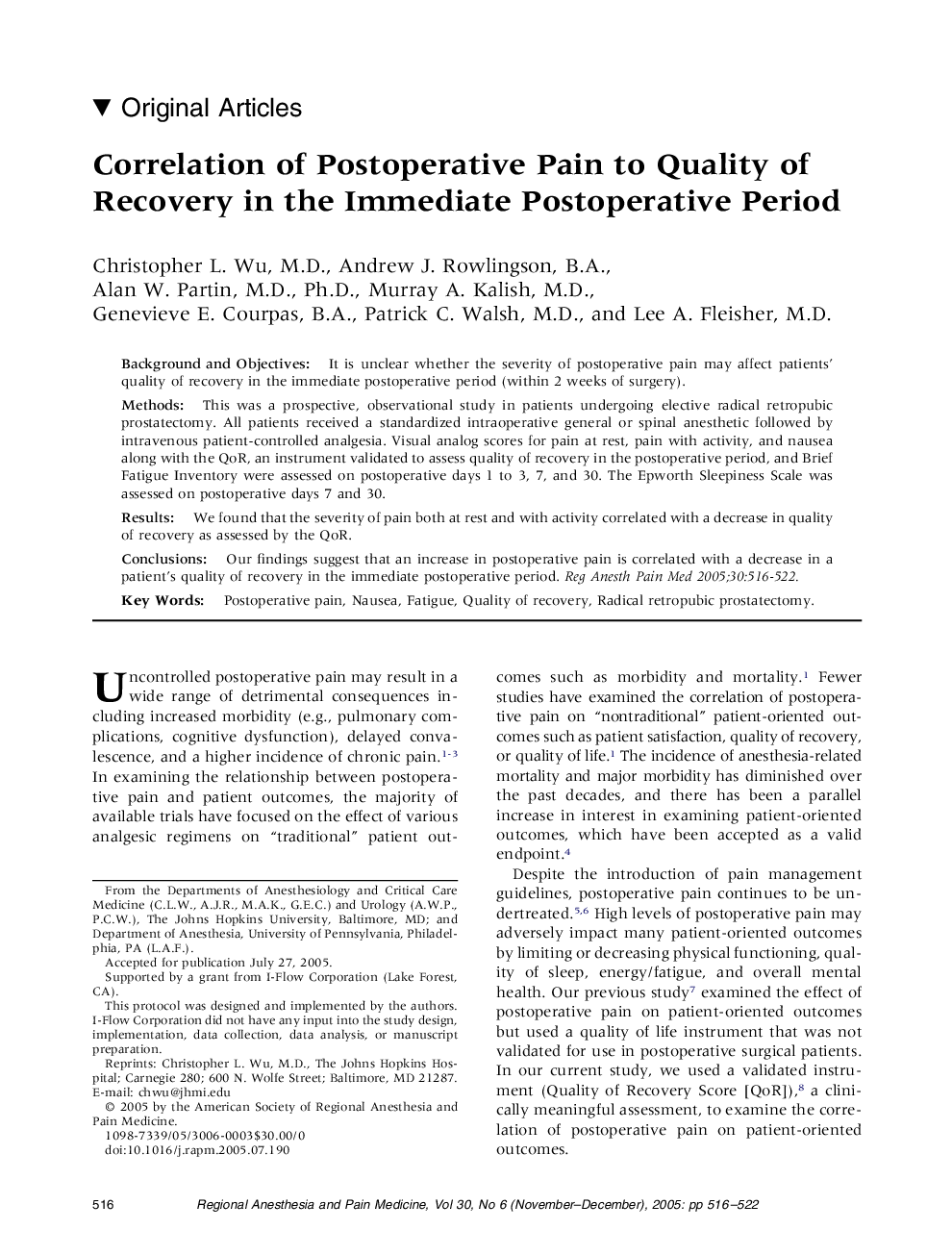 Correlation of Postoperative Pain to Quality of Recovery in the Immediate Postoperative Period