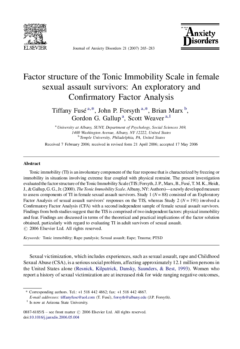 Factor structure of the Tonic Immobility Scale in female sexual assault survivors: An exploratory and Confirmatory Factor Analysis