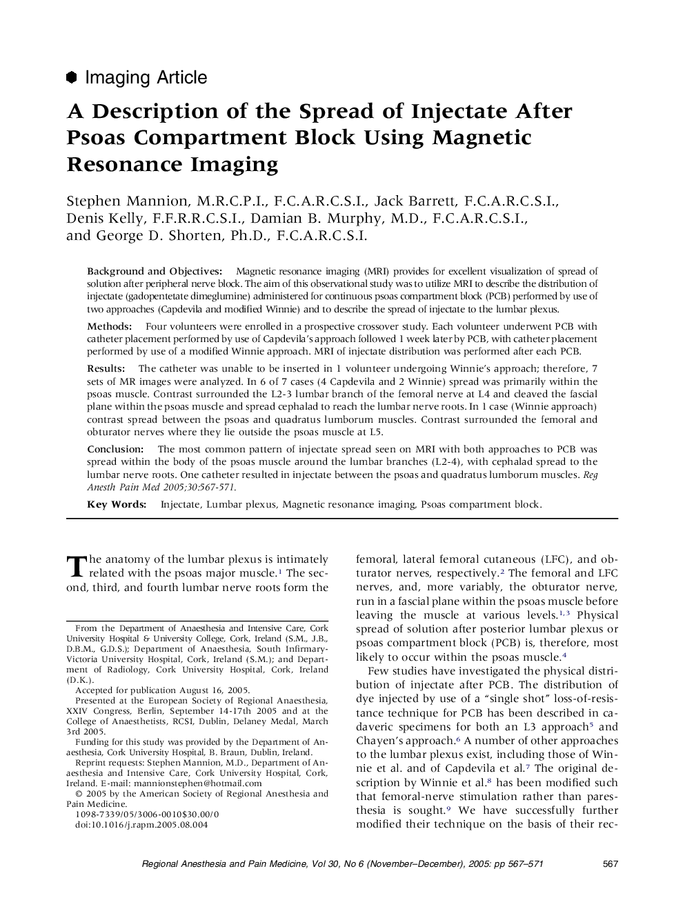 A Description of the Spread of Injectate After Psoas Compartment Block Using Magnetic Resonance Imaging