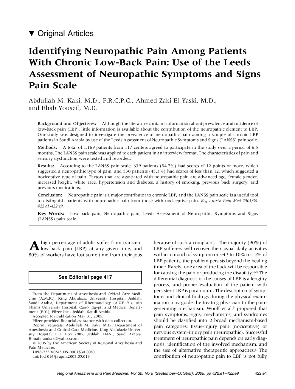 Identifying Neuropathic Pain Among Patients With Chronic Low-Back Pain: Use of the Leeds Assessment of Neuropathic Symptoms and Signs Pain Scale