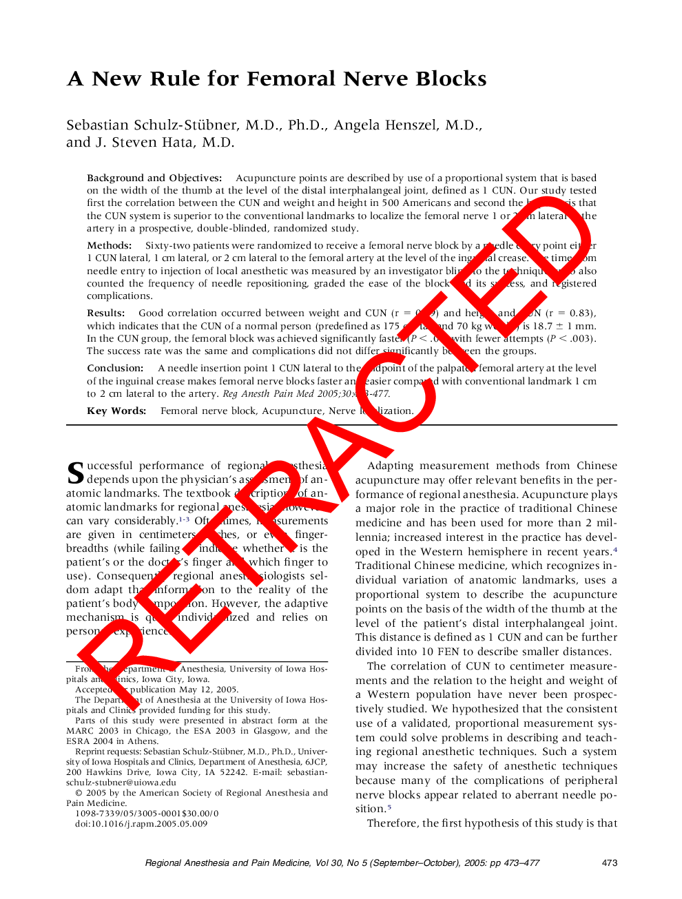 RETRACTED: A New Rule for Femoral Nerve Blocks