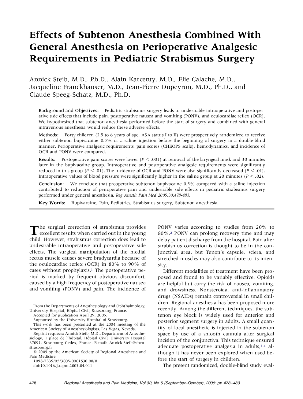 Effects of Subtenon Anesthesia Combined With General Anesthesia on Perioperative Analgesic Requirements in Pediatric Strabismus Surgery