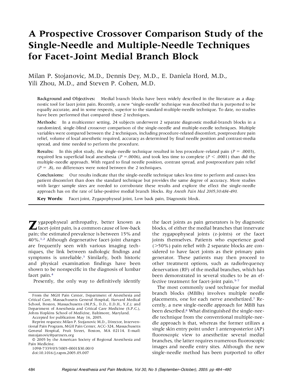 A Prospective Crossover Comparison Study of the Single-Needle and Multiple-Needle Techniques for Facet-Joint Medial Branch Block