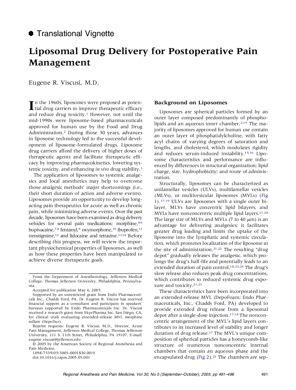 Liposomal Drug Delivery for Postoperative Pain Management