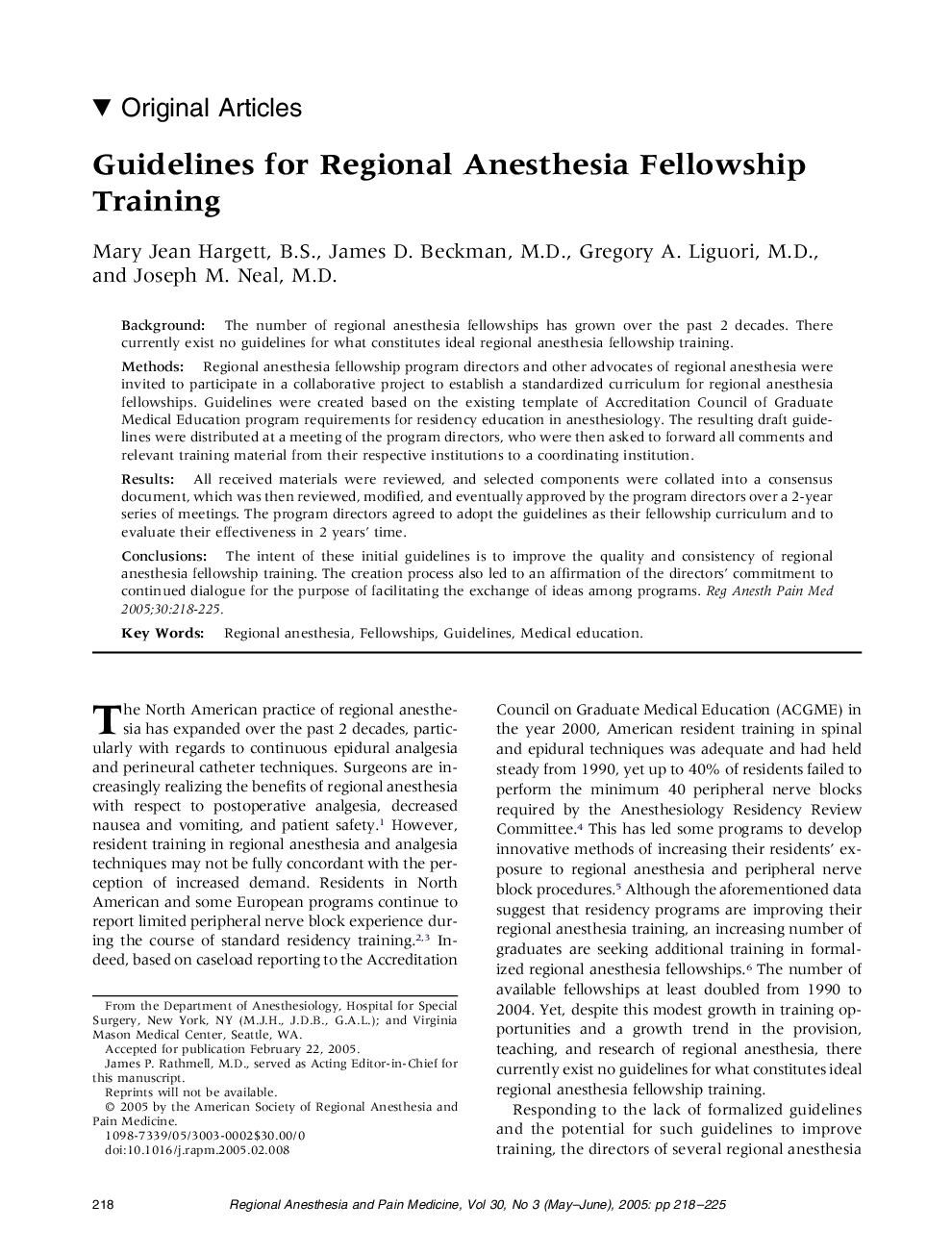 Guidelines for Regional Anesthesia Fellowship Training