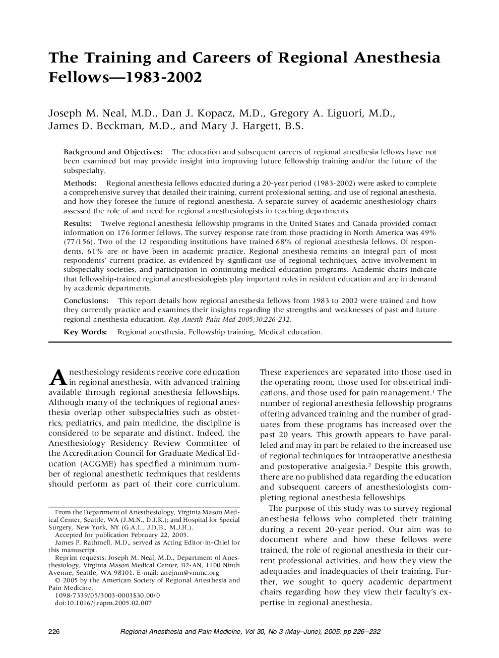 The Training and Careers of Regional Anesthesia Fellows-1983-2002