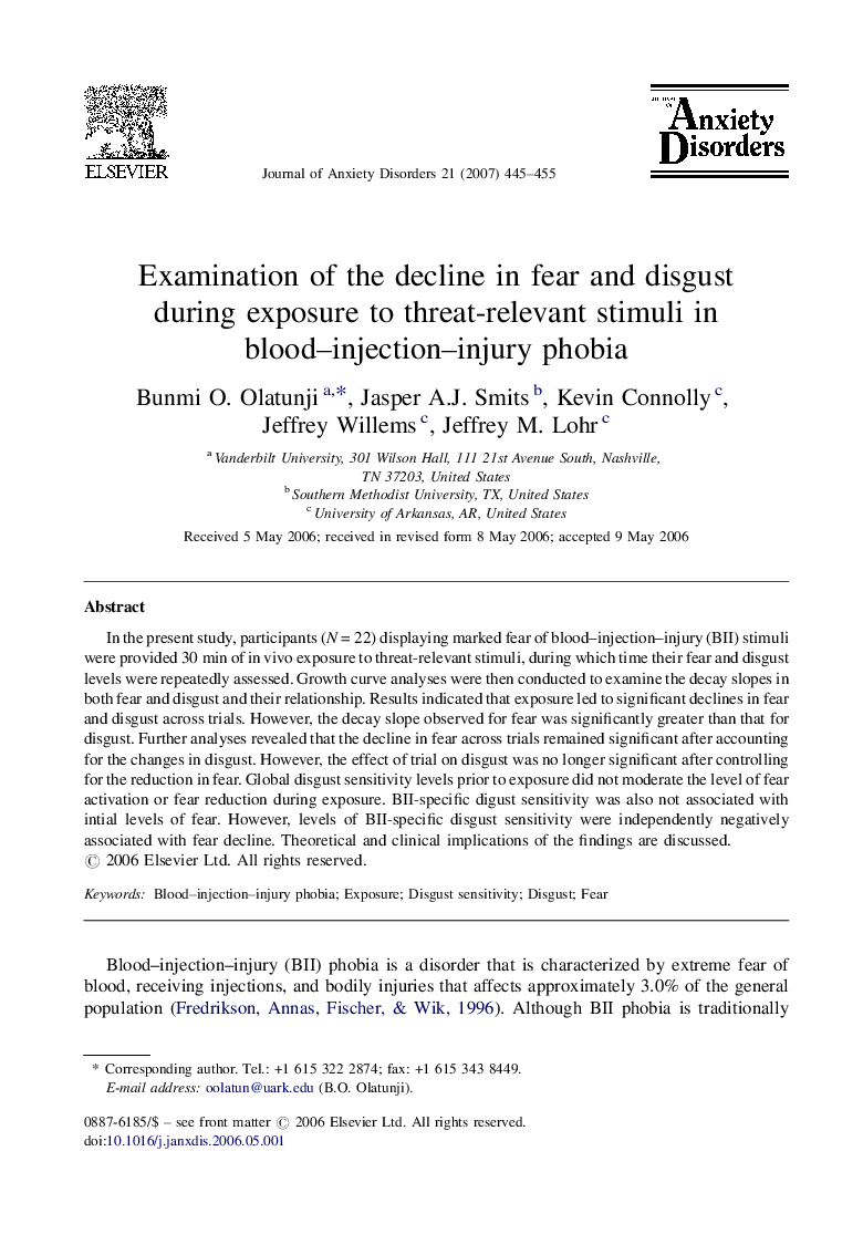 Examination of the decline in fear and disgust during exposure to threat-relevant stimuli in blood–injection–injury phobia