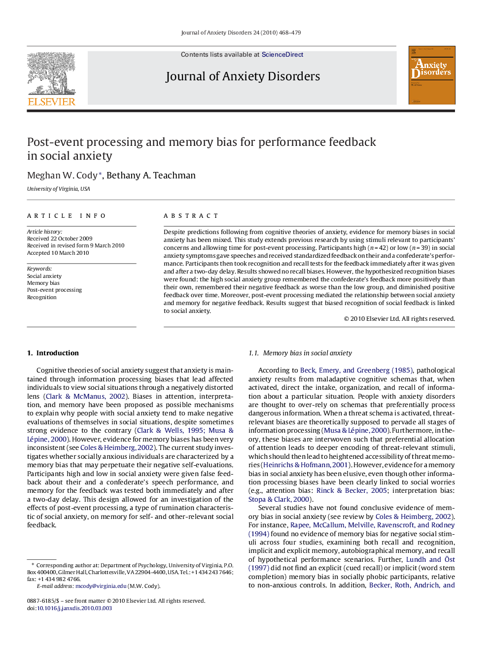 Post-event processing and memory bias for performance feedback in social anxiety