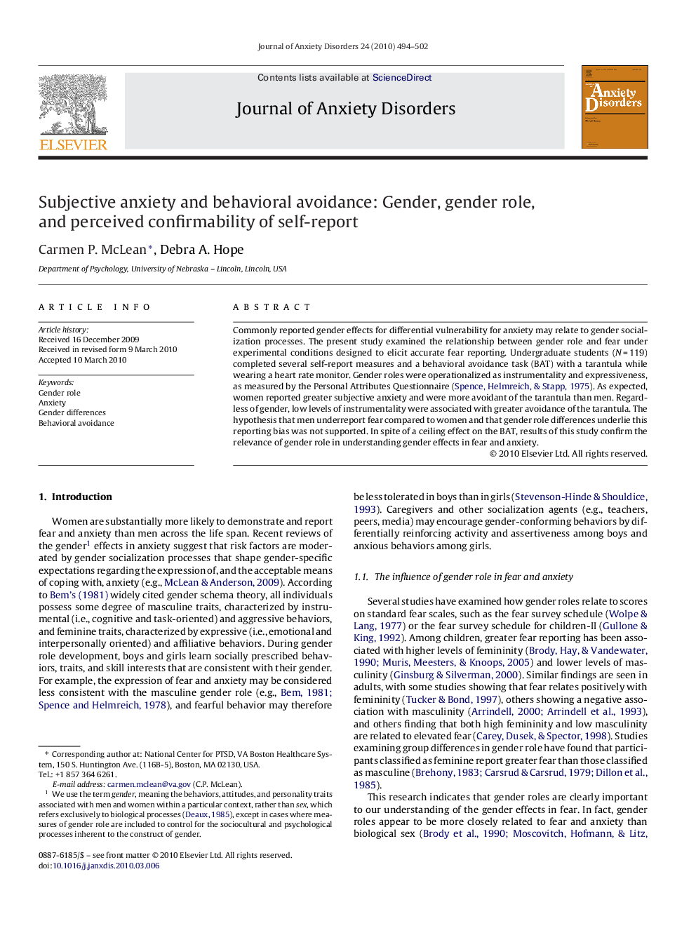 Subjective anxiety and behavioral avoidance: Gender, gender role, and perceived confirmability of self-report