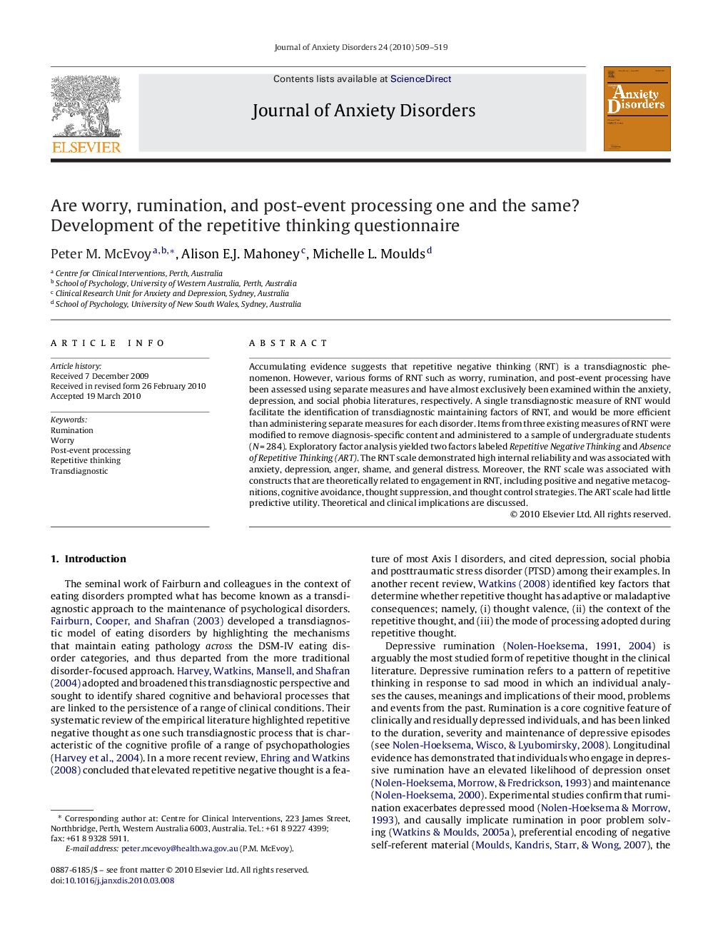 Are worry, rumination, and post-event processing one and the same?: Development of the repetitive thinking questionnaire