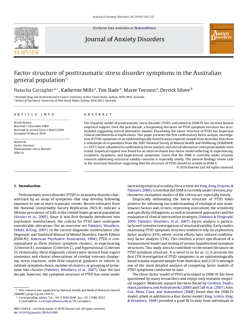 Factor structure of posttraumatic stress disorder symptoms in the Australian general population 