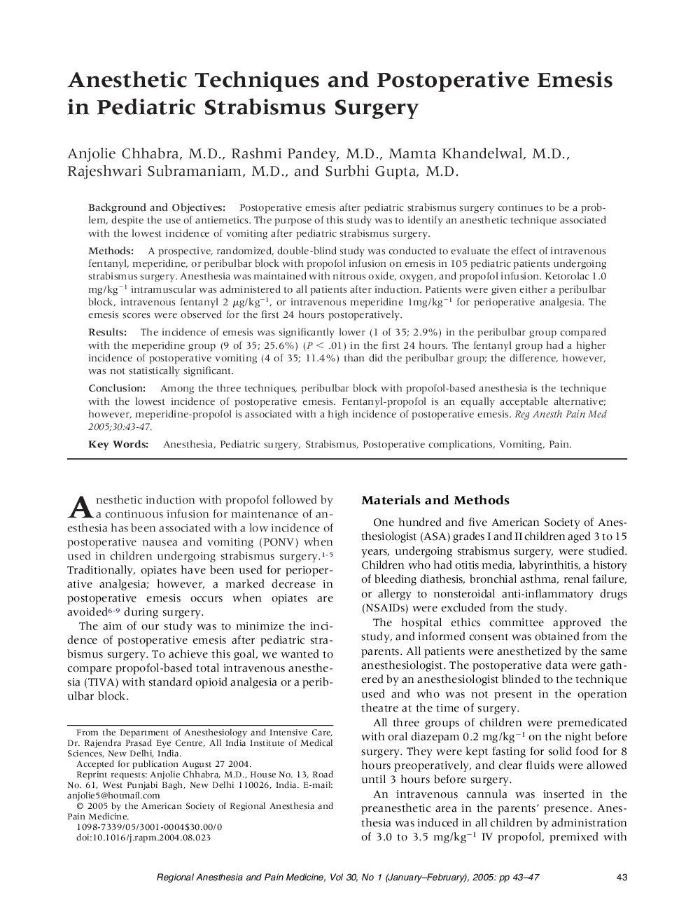 Anesthetic techniques and postoperative emesis in pediatric strabismus surgery