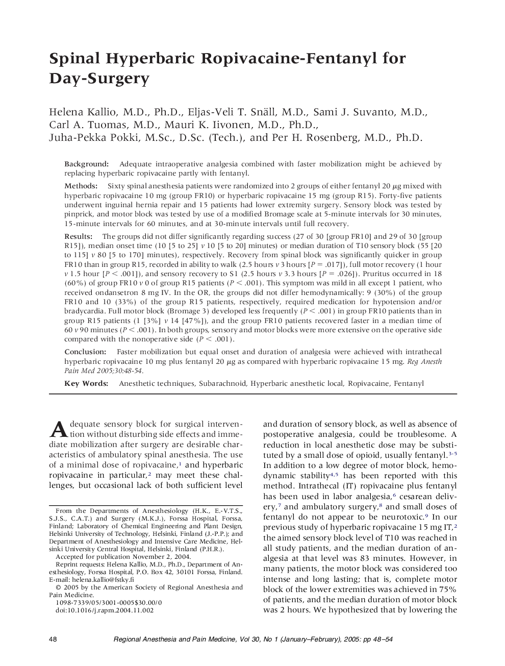 Spinal hyperbaric ropivacaine-fentanyl for day-surgery