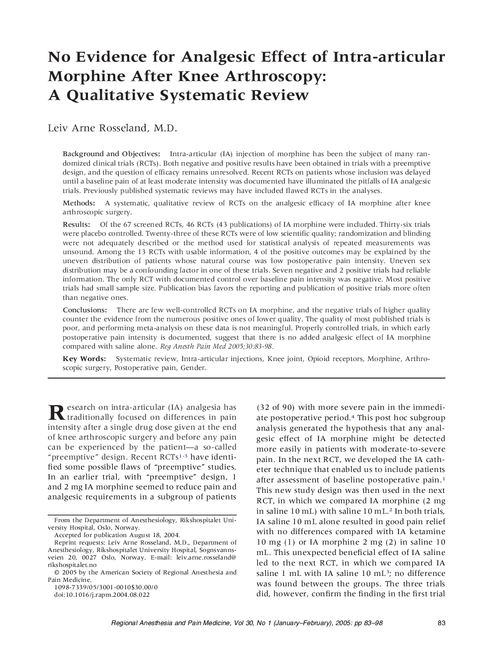 No evidence for analgesic effect of intra-articular morphine after knee arthroscopy: A qualitative systematic review