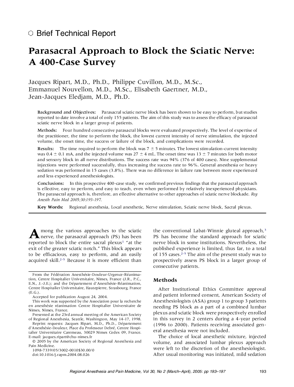 Parasacral approach to block the sciatic nerve: A 400-case survey