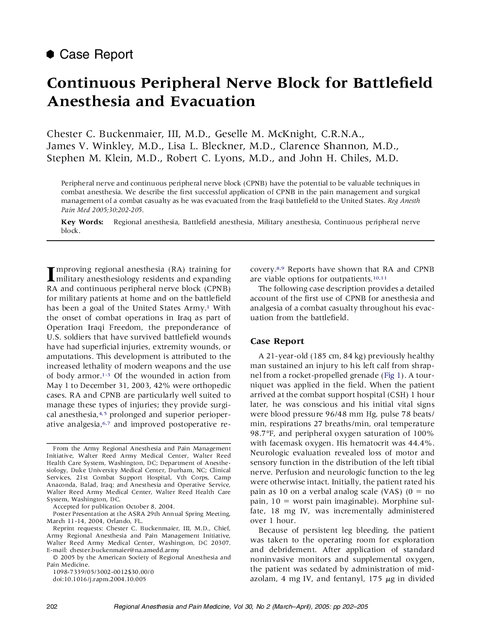 Continuous peripheral nerve block for battlefield anesthesia and evacuation