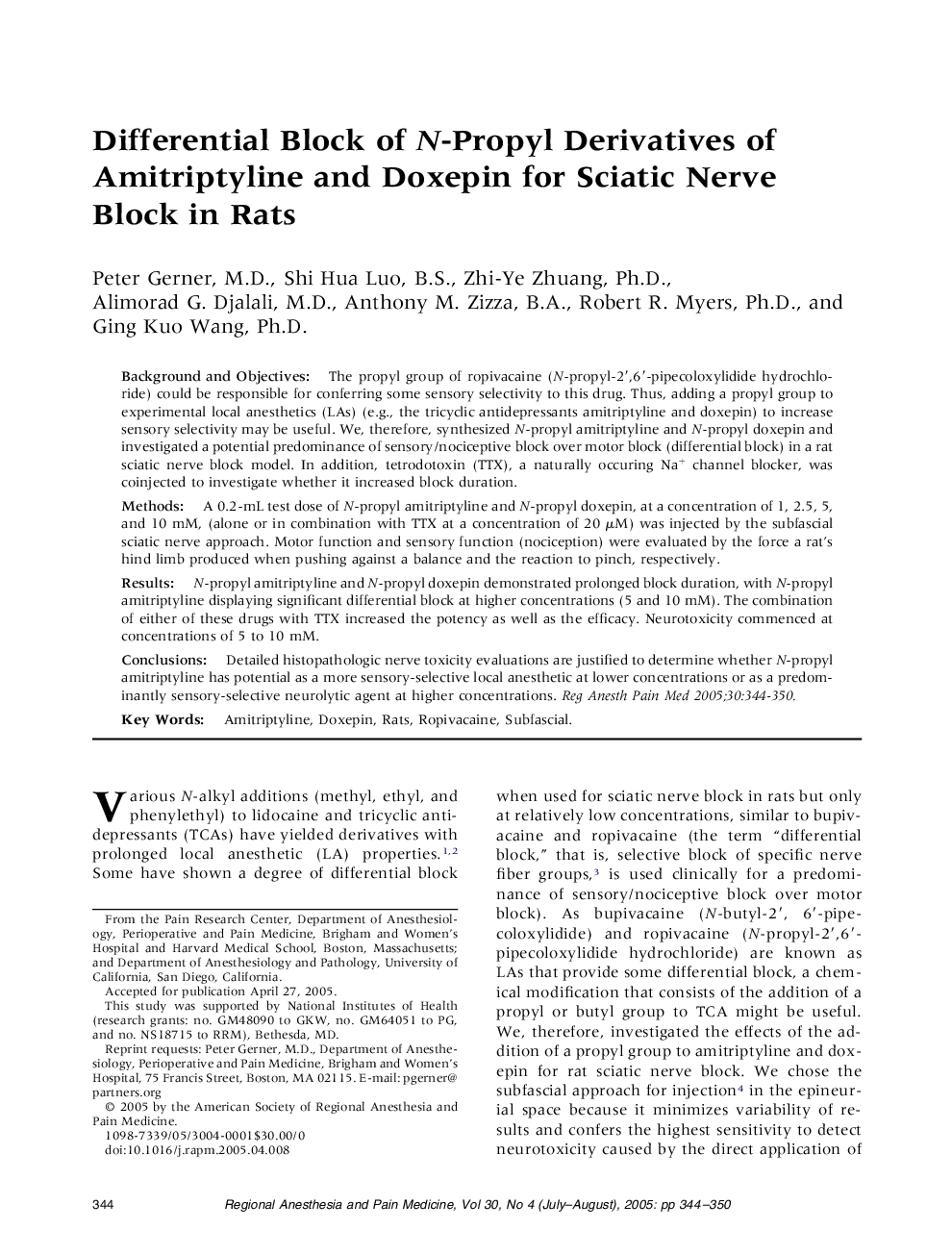 Differential Block of N-Propyl Derivatives of Amitriptyline and Doxepin for Sciatic Nerve Block in Rats