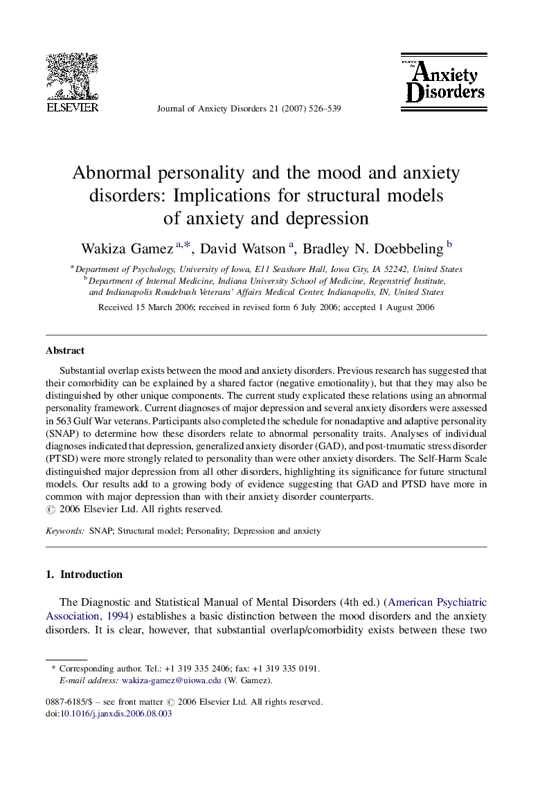 Abnormal personality and the mood and anxiety disorders: Implications for structural models of anxiety and depression