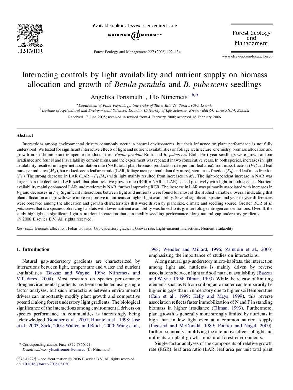 Interacting controls by light availability and nutrient supply on biomass allocation and growth of Betula pendula and B. pubescens seedlings