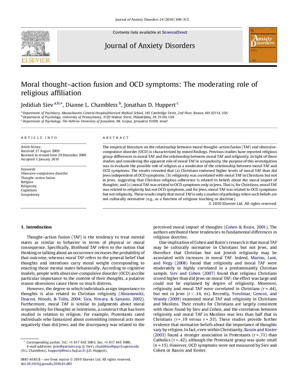 Moral thought–action fusion and OCD symptoms: The moderating role of religious affiliation