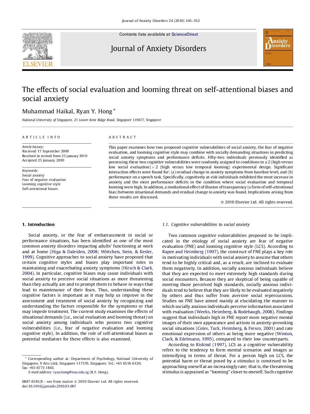 The effects of social evaluation and looming threat on self-attentional biases and social anxiety