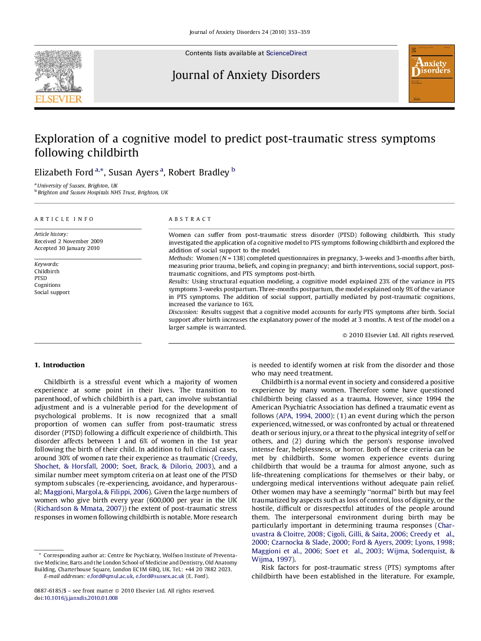 Exploration of a cognitive model to predict post-traumatic stress symptoms following childbirth