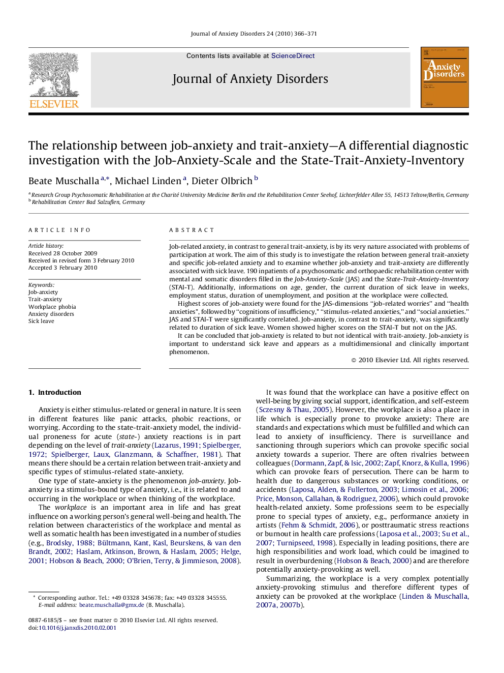 The relationship between job-anxiety and trait-anxiety—A differential diagnostic investigation with the Job-Anxiety-Scale and the State-Trait-Anxiety-Inventory