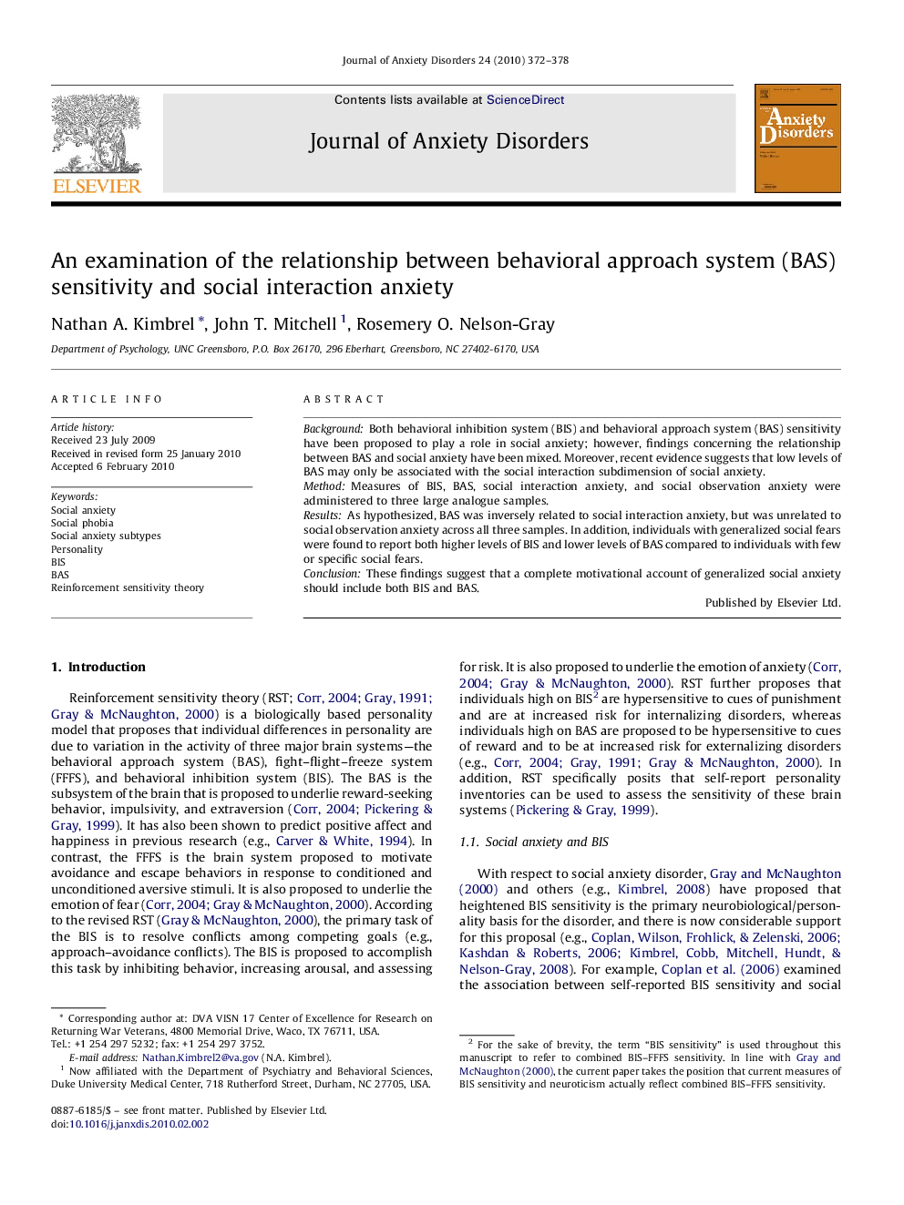 An examination of the relationship between behavioral approach system (BAS) sensitivity and social interaction anxiety