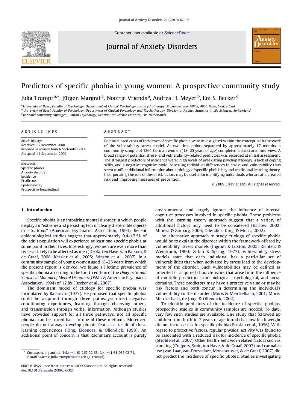 Predictors of specific phobia in young women: A prospective community study