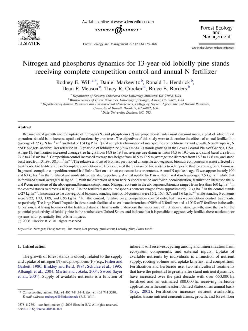 Nitrogen and phosphorus dynamics for 13-year-old loblolly pine stands receiving complete competition control and annual N fertilizer