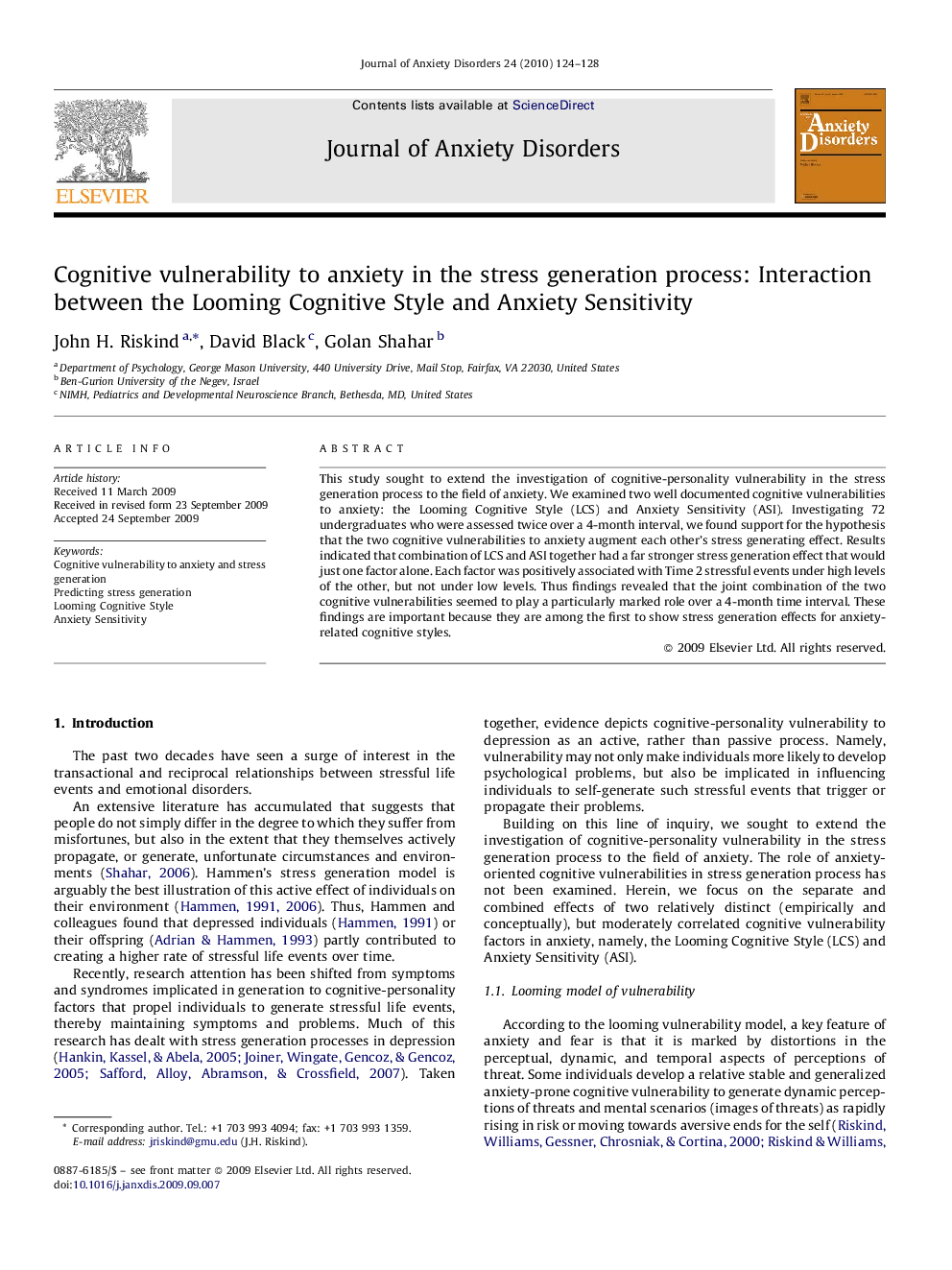 Cognitive vulnerability to anxiety in the stress generation process: Interaction between the Looming Cognitive Style and Anxiety Sensitivity