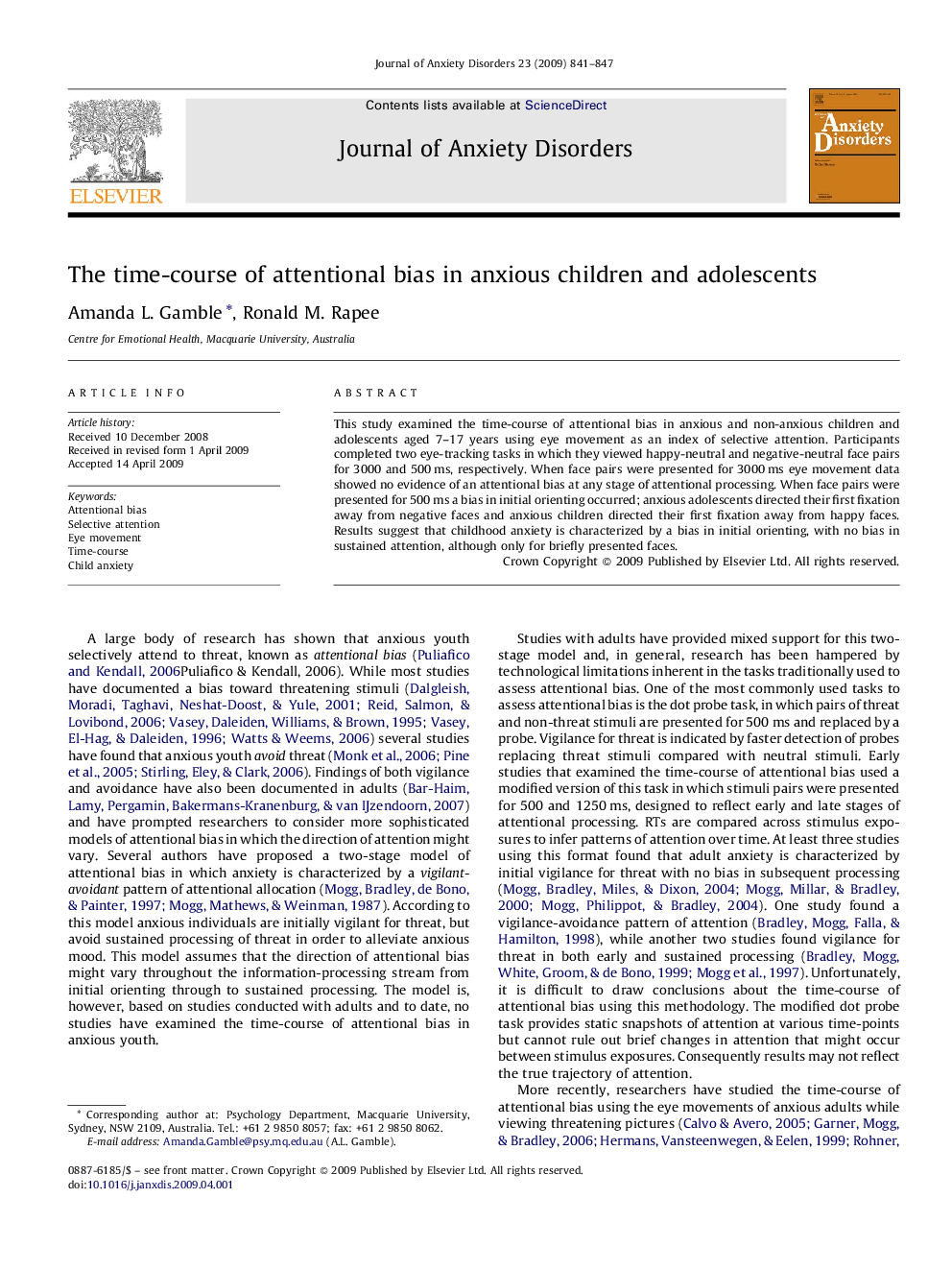 The time-course of attentional bias in anxious children and adolescents