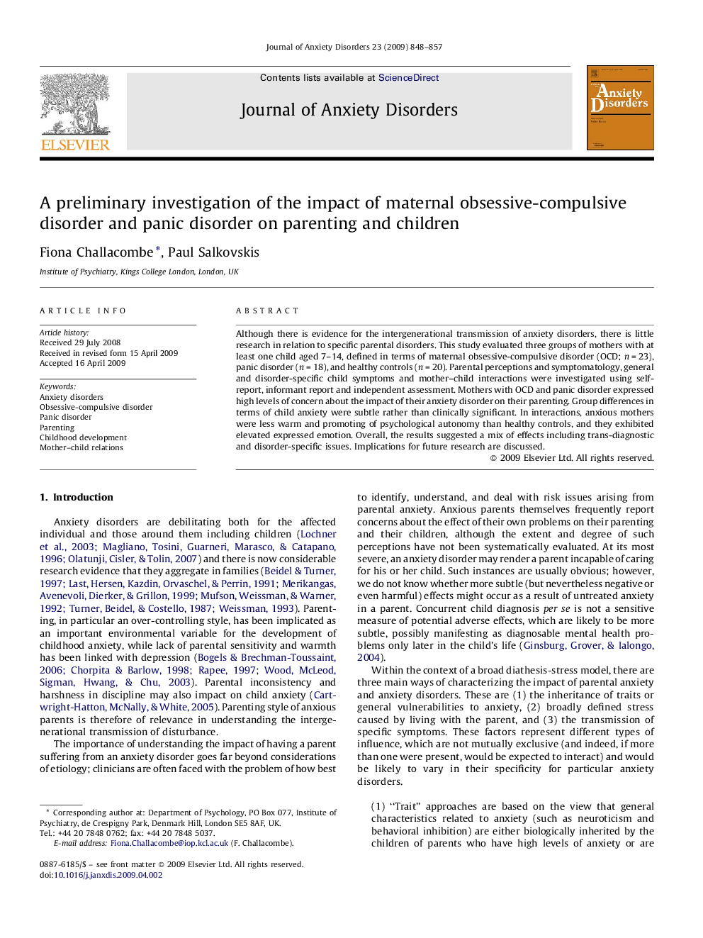 A preliminary investigation of the impact of maternal obsessive-compulsive disorder and panic disorder on parenting and children