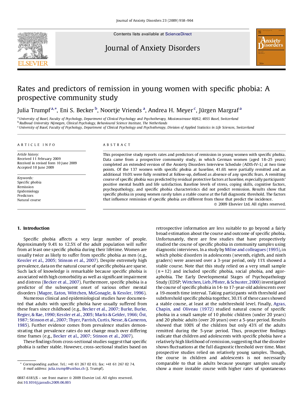 Rates and predictors of remission in young women with specific phobia: A prospective community study