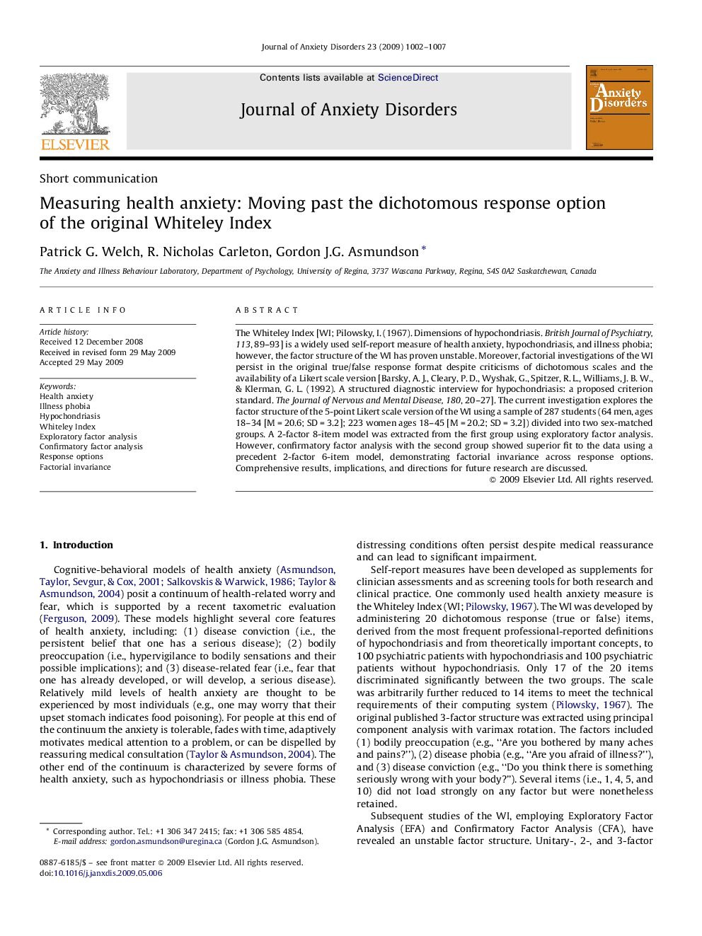 Measuring health anxiety: Moving past the dichotomous response option of the original Whiteley Index