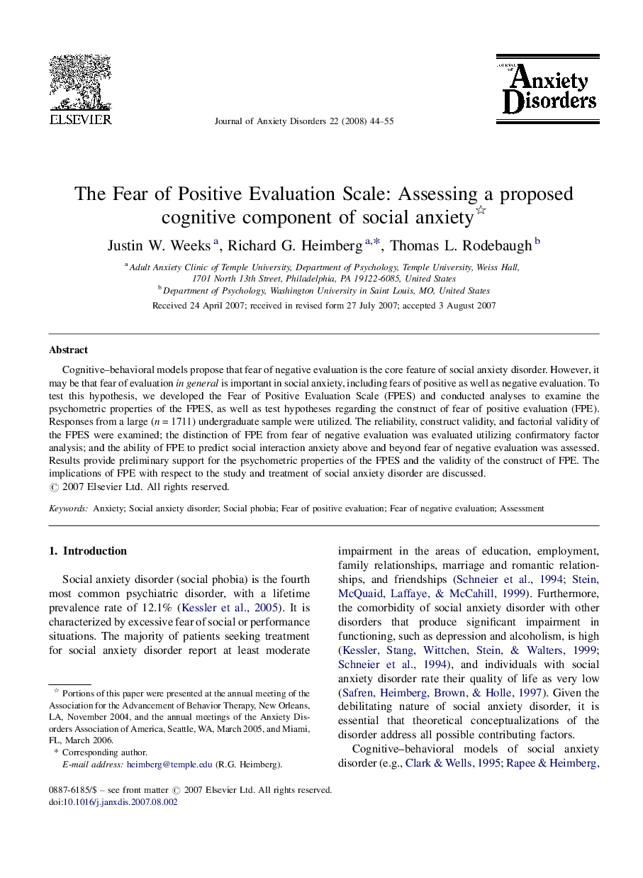 The Fear of Positive Evaluation Scale: Assessing a proposed cognitive component of social anxiety 