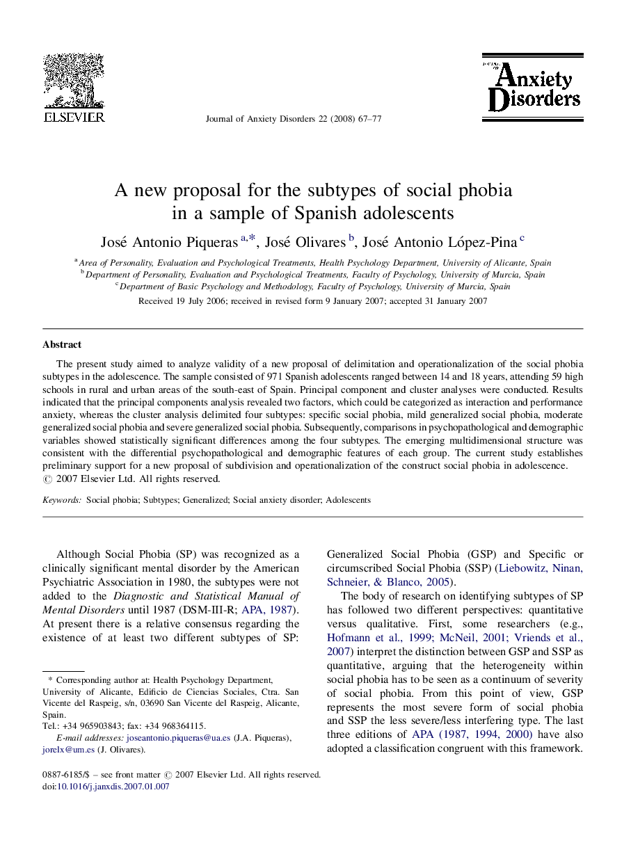 A new proposal for the subtypes of social phobia in a sample of Spanish adolescents