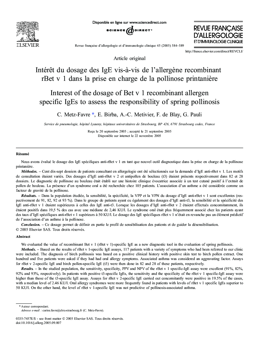 IntérÃªt duÂ dosage desÂ IgE vis-Ã -vis deÂ l'allergÃ¨ne recombinant rBet v 1Â dans laÂ prise enÂ charge deÂ laÂ pollinose printaniÃ¨re