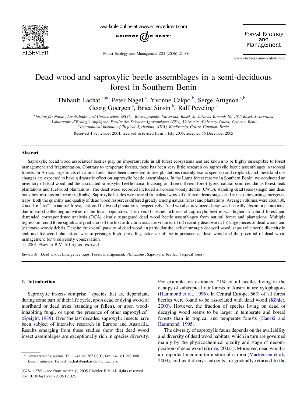 Dead wood and saproxylic beetle assemblages in a semi-deciduous forest in Southern Benin