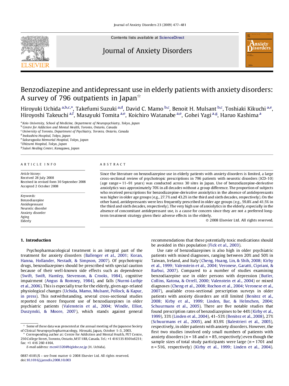 Benzodiazepine and antidepressant use in elderly patients with anxiety disorders: A survey of 796 outpatients in Japan 