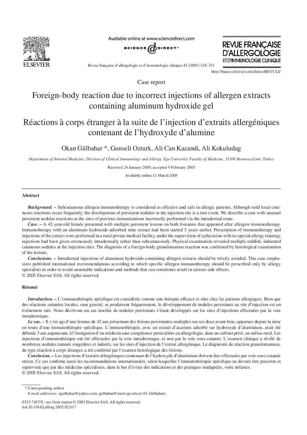Foreign-body reaction due to incorrect injections of allergen extracts containing aluminum hydroxide gel