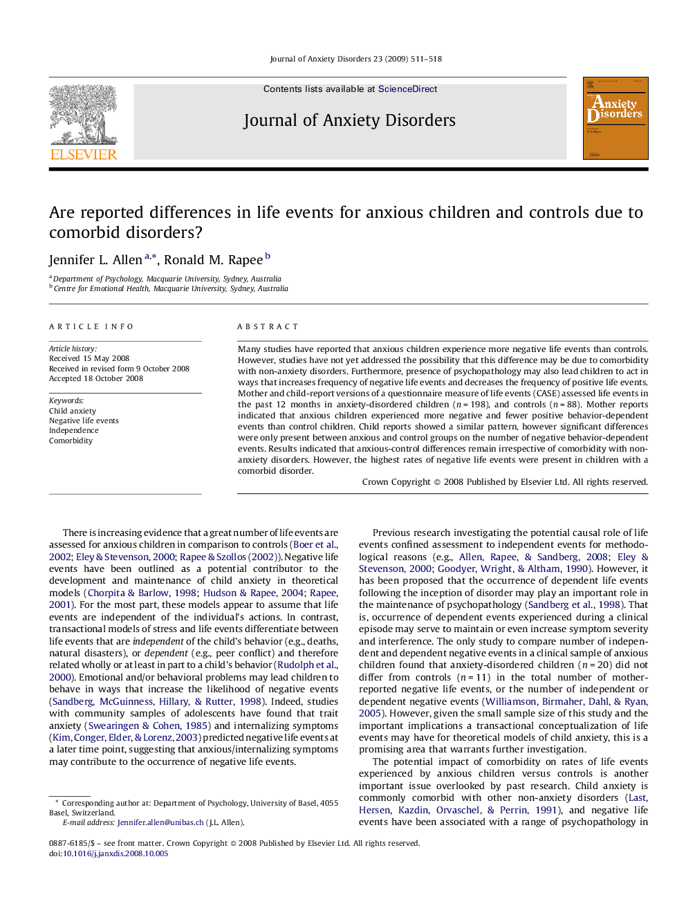 Are reported differences in life events for anxious children and controls due to comorbid disorders?