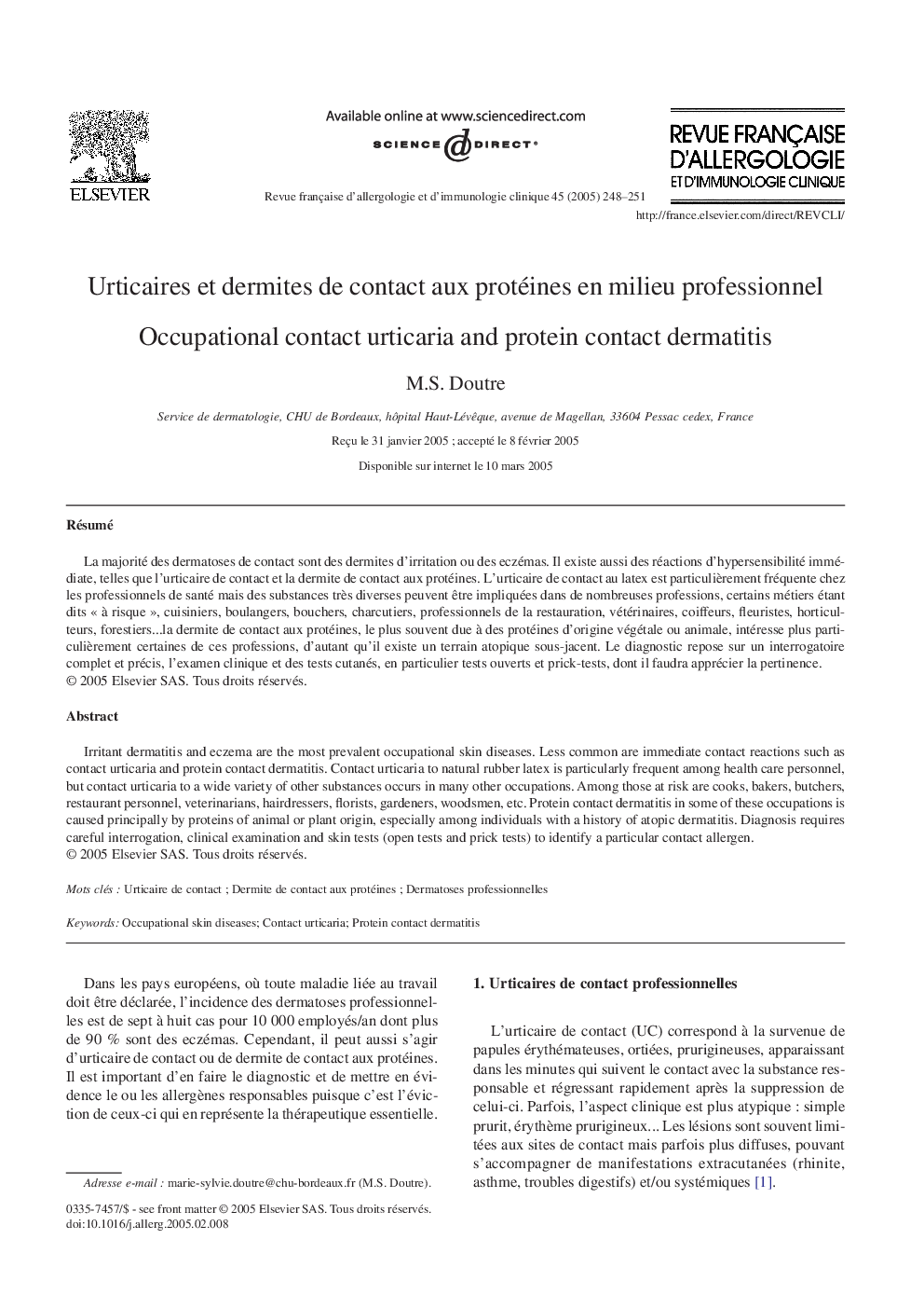 Urticaires et dermites de contact aux protéines en milieu professionnel