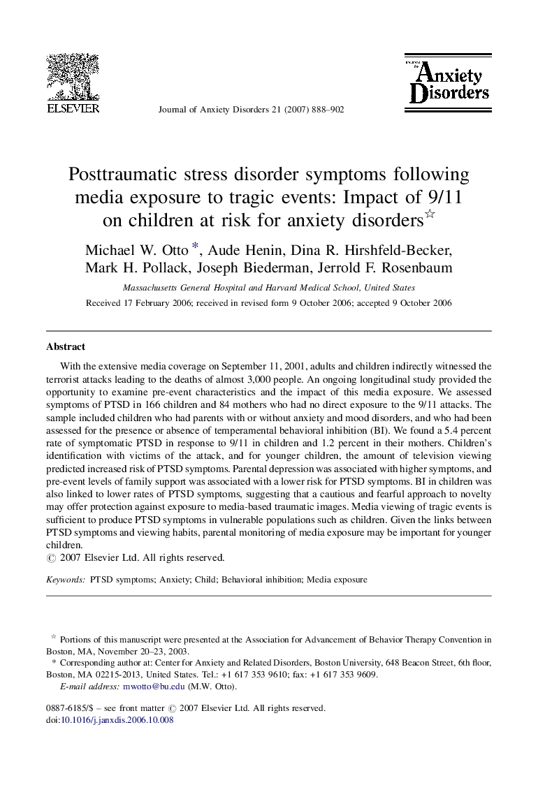 Posttraumatic stress disorder symptoms following media exposure to tragic events: Impact of 9/11 on children at risk for anxiety disorders 