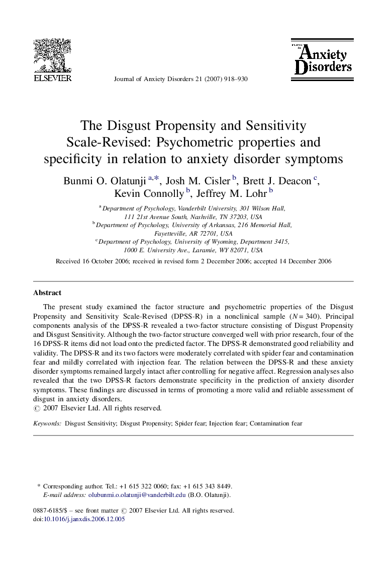 The Disgust Propensity and Sensitivity Scale-Revised: Psychometric properties and specificity in relation to anxiety disorder symptoms